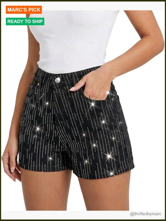 Pants - High Waisted Denim Shorts with Rhinestone Embellishments for Party Outfits